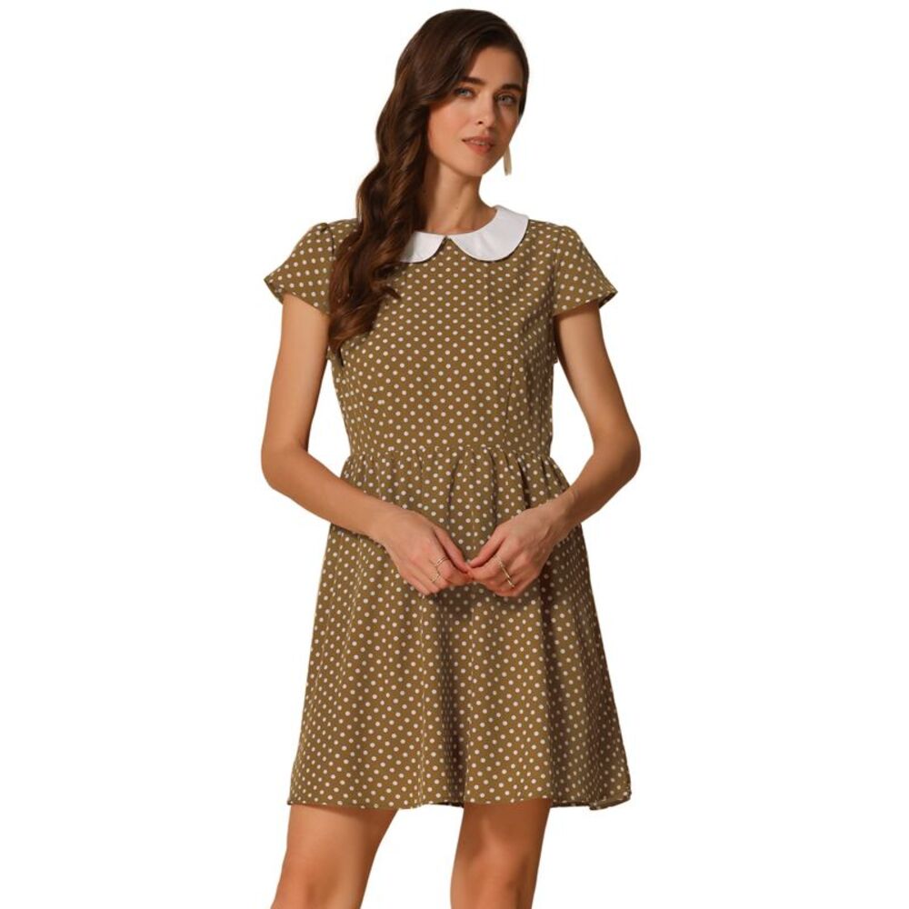 Peter Pan Collar Short Sleeves Contrast A-Line Polka Dots Dress Brown